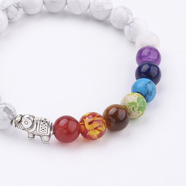 

PandaHall Natural Howlite Stretch Bracelets, Chakra Bracelets, with Alloy Findings and Gemstone Beads, Antique Silver, Round and Elephant...