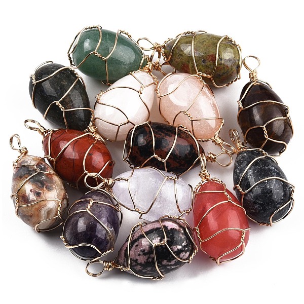 

PandaHall Natural & Synthetic Mixed Gemstone Pendants, with Brass Wire Wrapped, Egg Shape Charm, Light Gold, 41.5~43.5x20~21x20~21mm, Hole...