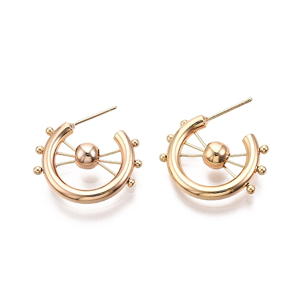 PandaHall Ion Plating(IP) Brass Wheel Shape Stud Earrings, Half Hoop Earrings for Women, Nickel Free, Real 18K Gold Plated, 23x22x6mm, Pin...