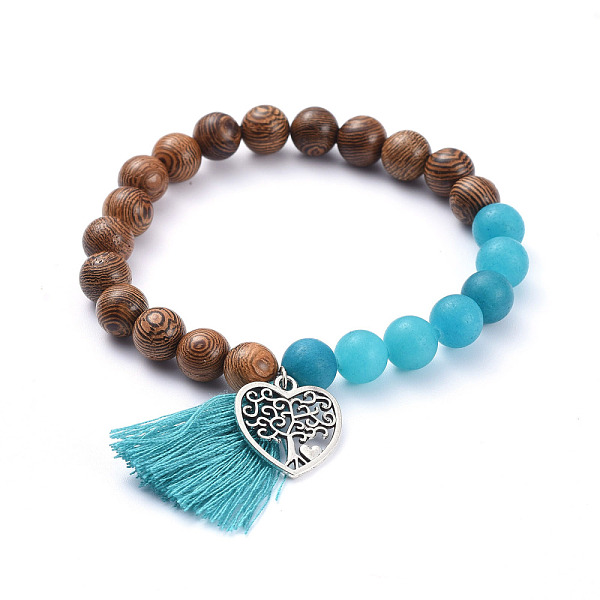 

PandaHall Natural White Jade(Dyed) Beads Stretch Charm Bracelets, with Cotton Thread Tassel, Natural Wood Beads and Heart with Tree Alloy..., Blue
