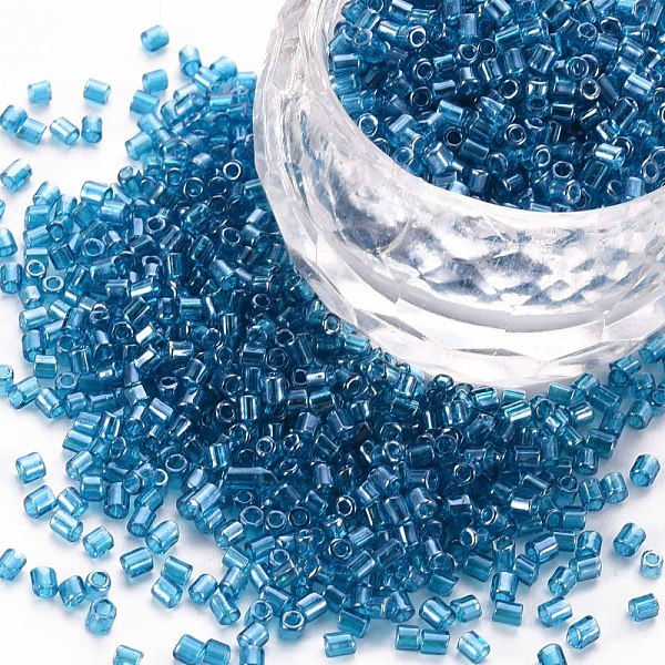 

PandaHall Glass Bugle Beads, Transparent Colours Luster, Steel Blue, 2.5~3x2mm, Hole: 0.9mm, about 15000pcs/pound Glass