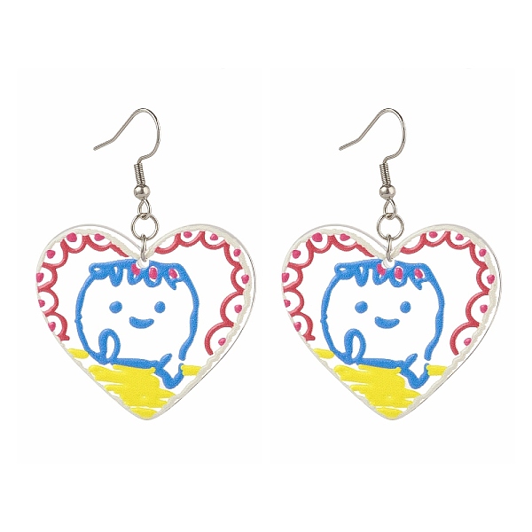 

PandaHall 3D Printed Transparent Acrylic Dangle Earrings, Heart with Boy, with 316 Surgical Stainless Steel Hooks, Colorful, 56mm Acrylic