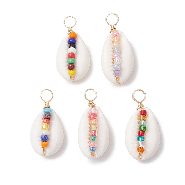 

PandaHall Natural Shell Pendants, Rainbow Color Glass Seed Bead Copper Wire Wrapped Charms, Golden, Mixed Color, 27.5~29.5x13~14.5x9~10.5mm..., Multicolor