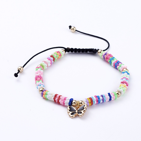 

PandaHall Adjustable Nylon Cord Braided Bead Bracelets, with Polymer Clay Heishi Beads, Alloy Enamel Charms and Real 18K Gold Plated Brass..., Black