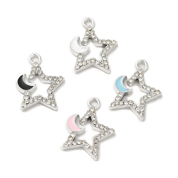 

PandaHall Rack Plating Alloy Rhinestone Pendants, with Enamel, Nickel Free, Star with Moon Charms, Platinum, Mixed Color, 17x13x2mm, Hole..., Multicolor