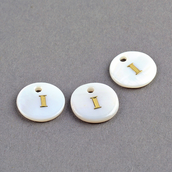 

PandaHall Freshwater Shell Pendants, Flat Round with Gold Blocking Letter.I, 11.5x2mm, Hole: 1.5mm Freshwater Shell Flat Round