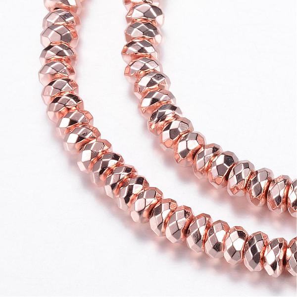 

PandaHall Electroplate Non-magnetic Synthetic Hematite Bead Strands, Rondelle, Faceted, Rose Gold Plated, 4~4.5x2mm, Hole: 1~1.5mm, about...