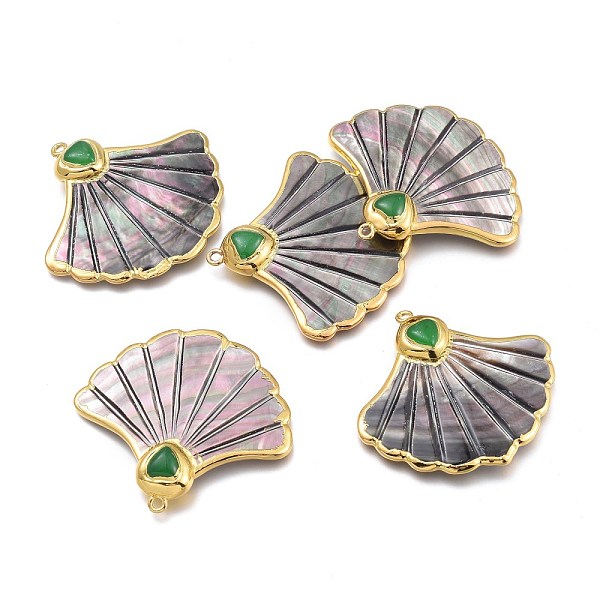 

PandaHall Natural Black Lip Shell Big Pendants, with Golden Plated Edge Brass Findings and Natural Chrysoprase, Fan, 48~51x43.5~47x7.2~8mm...