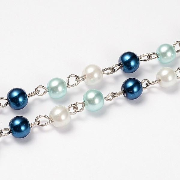 

PandaHall Glass Pearl Round Beads Handmade Chains for Necklaces Bracelets Making, with Iron Eye Pin, Unwelded, Steel Blue, 39.3 inch, Bead...