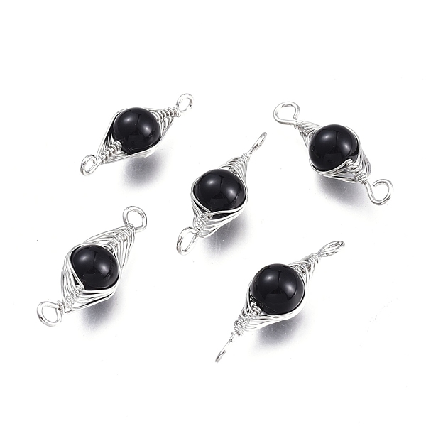 

PandaHall Natural Obsidian Links Connectors, Wire Wrapped Links, with Platinum Tone Brass Wires, Round, Undyed, 34x11x10mm, Hole: 2.5mm...