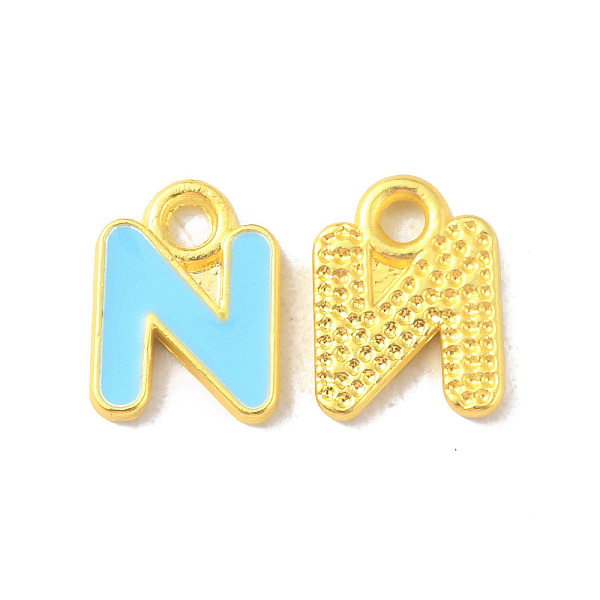 

PandaHall Alloy Enamel Pendants, Matte Gold Color, Letter Charm, Nickel Free, Letter N, 10x6.5x1.5mm, Hole: 1.6mm Alloy+Enamel Letter N Cyan