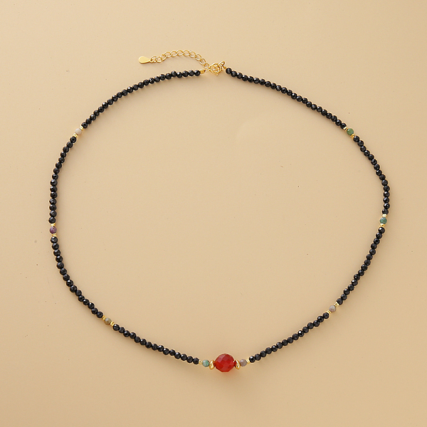 Colliers de perles de tourmaline noire naturelle et d'agate rouge à facettes de style vintage avec 925 fermoir en argent sterling