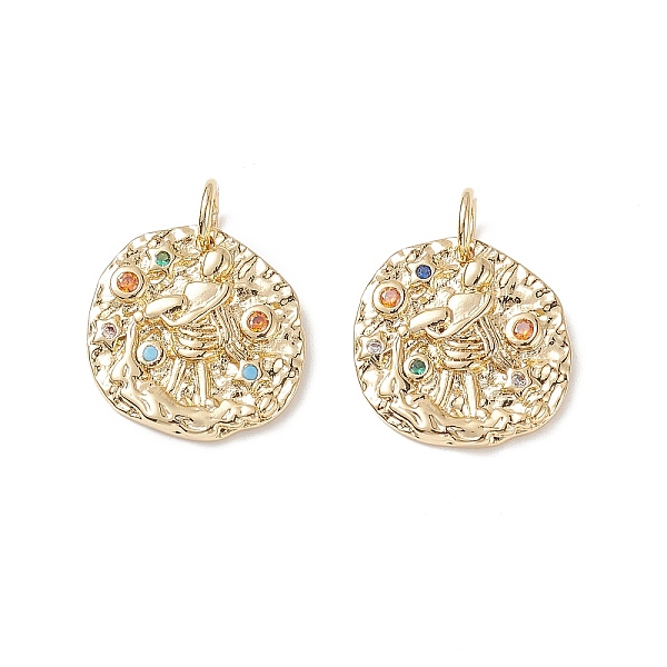 

PandaHall Brass Micro Pave Cubic Zirconia Pendants, with Jump Rings, Flat Round, Constellation, Colorful, Golden, Aquarius, 14~15x2mm, Hole...