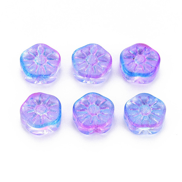 

PandaHall Two Tone Transparent Spray Painted Glass Beads, Plum Blossom Flower, Dark Orchid, 10x10.5x4mm, Hole: 1.2mm Glass Flower