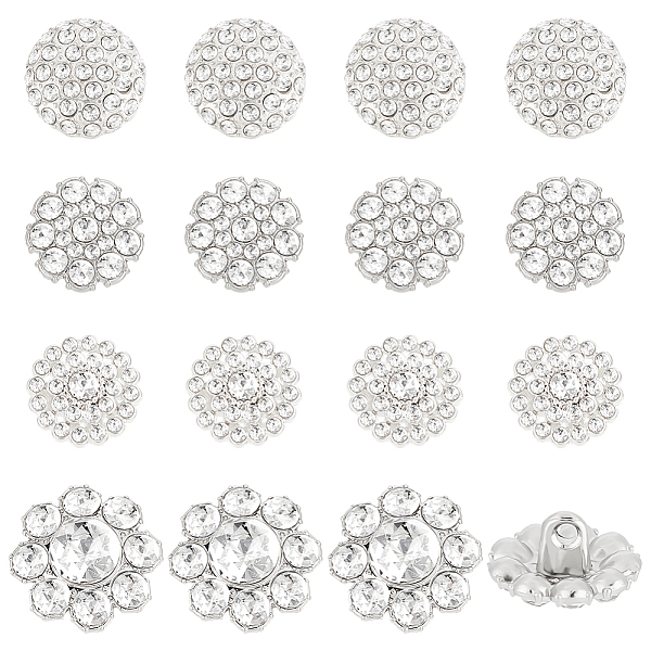 

PandaHall AHADERMAKER 24Pcs 4 Styles 1-Hole Alloy Rhinestone Shank Buttons, Flat Round, Mixed Color, 15~15.5x8~9mm, Hole: 2mm, 6pcs/style..., Clear