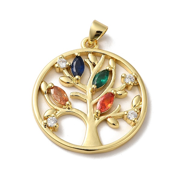 

PandaHall Rack Plating Brass Micro Pave Cubic Zirconia Pendants, Long-Lasting Plated, Lead Free & Cadmium Free, Round Ring with Tree of Life...