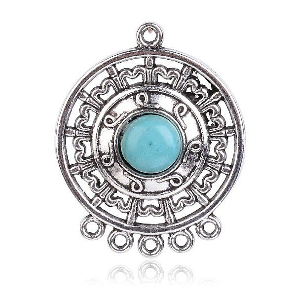 

PandaHall Antique Silver Plated Alloy Gemstones Links, Flat Round, Sky Blue, 39x30x7mm, Hole: 2mm Alloy Flat Round