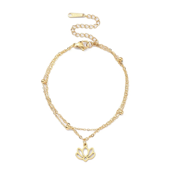

PandaHall 304 Stainless Steel Cable & Satellite Chains Double Layer Multi-strand Bracelet, with Lotus Charms, Golden, 6-5/8 inch(16.8cm) 304...