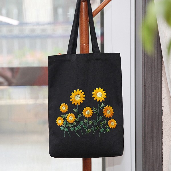 

PandaHall DIY Wild Chrysanthemum Pattern Black Canvas Tote Bag Embroidery Kit, including Embroidery Needles & Thread, Cotton Fabric, Plastic..., Gold