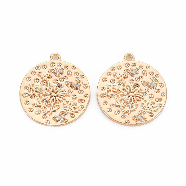 

PandaHall Brass Micro Pave Clear Cubic Zirconia Pendants, Nickel Free, Flat Round with Dandelion, Real 18K Gold Plated, 22x20x2mm, Hole...