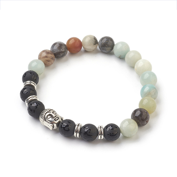 

PandaHall Natural Flower Amazonite Beads and Natural Frosted Agate Beads Stretch Bracelets, with Tibetan Style Beads, Round, 2-1/8 inch...