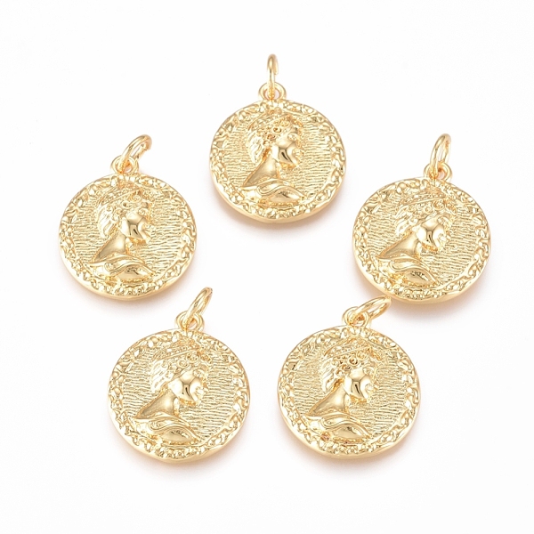 

PandaHall Brass Pendants, with Jump Rings, Flat Round with Woman, Golden, 17x15x4mm, Hole: 3.4mm Brass Flat Round