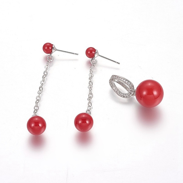 

PandaHall (Jewelry Parties Factory Sale)Brass Pendants and Dangle Earrings Sets, with Shell Pearl and Cubic Zirconia, Round, Red, Earrings...