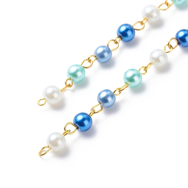 

PandaHall Handmade Glass Pearl Round Beaded Chains, with Brass Eye Pins, Unwelded, Blue, 13x6mm, about 3.28 Feet(1m)/Box Brass+Glass Blue