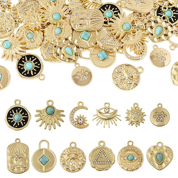 

PandaHall 48Pcs 12 Style Alloy Pendants, with Synthetic Turquoise, Light Gold, 16~24.5x13.5~15x2~2.5mm, Hole: 1.4~2.2mm, 4pcs/style Alloy...