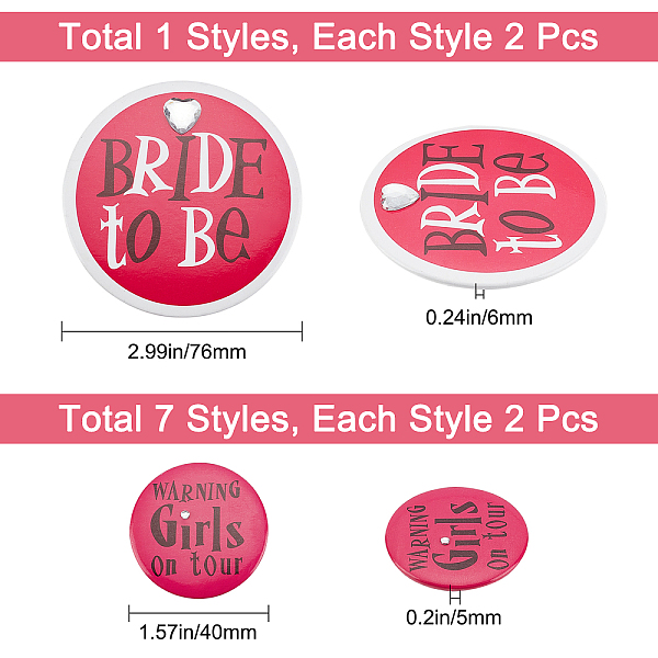 

PandaHall Gorgecraft 16Pcs 8 Style Tinplate Badge Sets, for Bride of Wedding, Flat Round with Word, Mixed Color, 40x5mm, 76x6mm, 2pc/style..., Multicolor