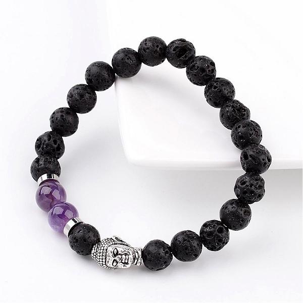 

PandaHall Natural Lava Rock Bead Stretch Bracelets, with Natural Amethyst Beads and Alloy 3D Buddha Head Beads, Antique Silver, 55mm...