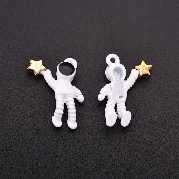 

PandaHall Baking Painted Alloy Pendants, Astronaut Lift the Stars, White, 21x16.5x4.5mm, Hole: 1.5mm Alloy Others White