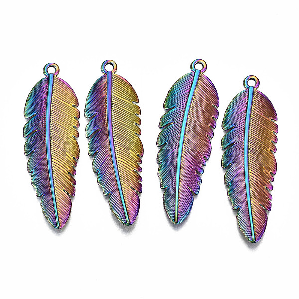 

PandaHall Rainbow Color Alloy Pendants, Cadmium Free & Lead Free, Feather, 44x14x2mm, Hole: 1.8mm Alloy Feather