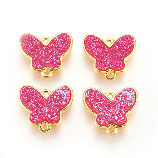 

PandaHall Brass Links connectors, with Druzy Resin, Butterfly, Golden, Deep Pink, 14.5x16x4mm, Hole: 1.2mm Brass+Resin Butterfly Pink