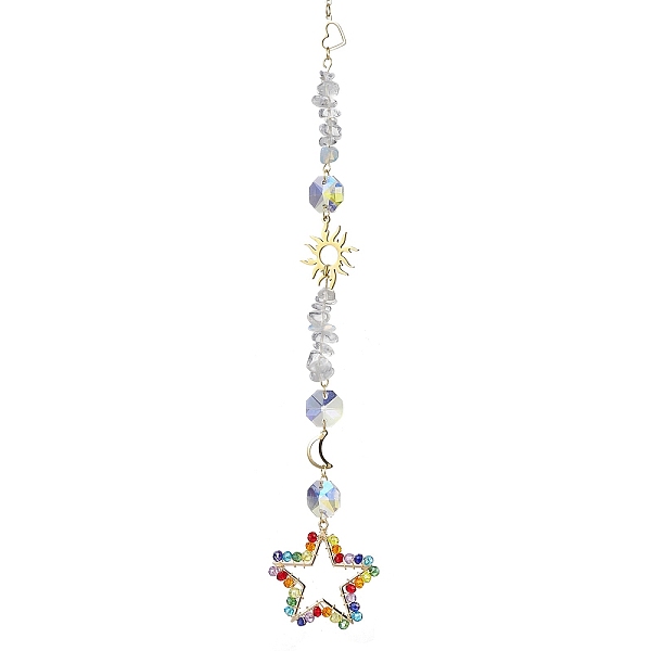 

PandaHall Glass Beads Wrapped Star Hanging Ornaments, Opalite Chipa and Alloy Suncatchers for Home Outdoor Decoration, Sun & Moon, Golden...