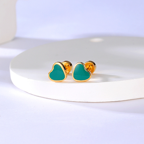 

PandaHall Heart Stainless Steel Stud Earring, with Enamel, Real 18K Gold Plated, Dark Cyan, 6x6mm Stainless Steel Heart