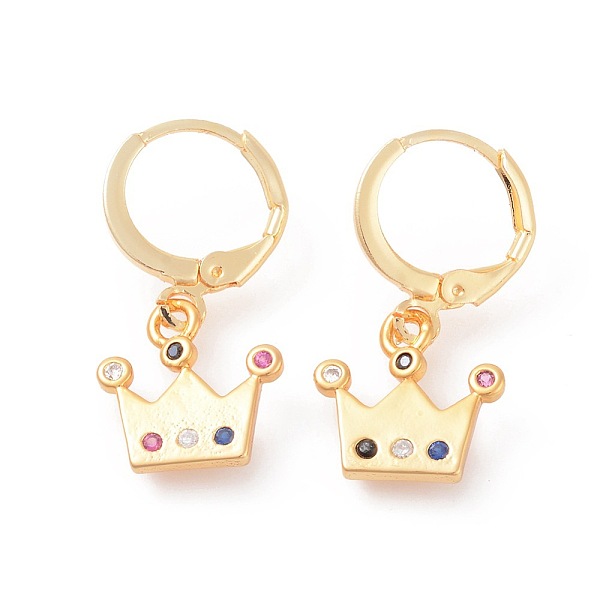 

PandaHall Brass Micro Pave Cubic Zirconia Dangle Hoop Earrings, Crown, Colorful, Golden, 26mm, Pin: 0.9mm Cubic Zirconia