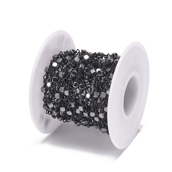 

PandaHall Handmade Non-magnetic Synthetic Hematite Beaded Chains, Unwelded, with Brass Findings, with Spool, Cube, Gunmetal, 3x3x3mm, about..., Black
