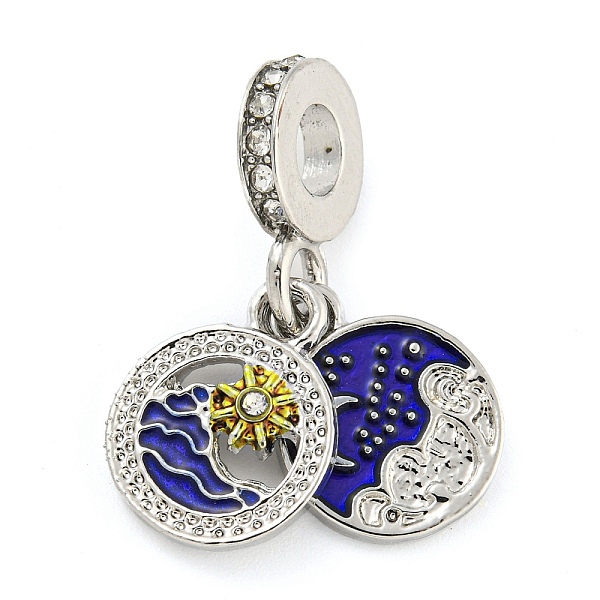 

PandaHall Rack Plating Alloy Enamel Flat Round with Sun European Dangle Charms, Large Hole Pendants, with Crystal Rhinestone, Platinum..., Clear