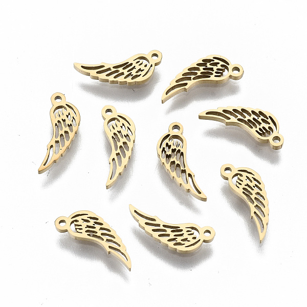 

PandaHall 304 Stainless Steel Charms, Laser Cut, Wing, Real 14K Gold Plated, 10.5x3.5x1mm, Hole: 0.8mm 304 Stainless Steel Wing