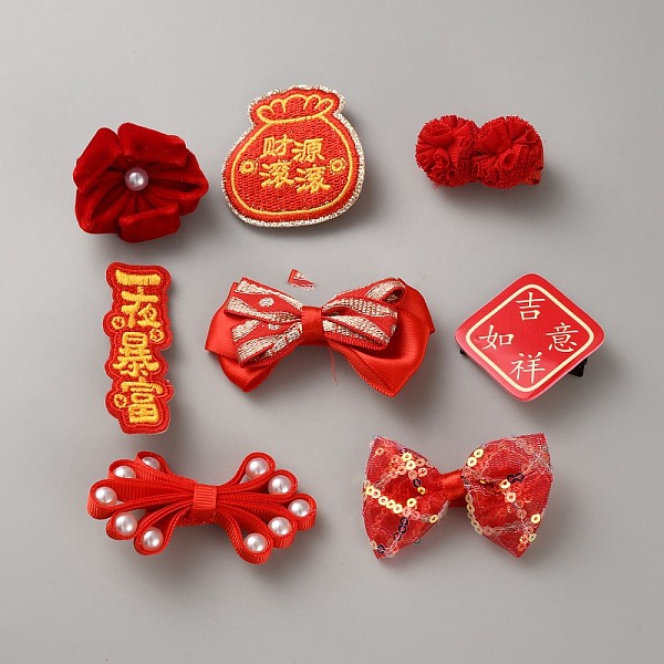 Chinese New Year Bowknot Flower Cloth Alligator Hair Clips Set