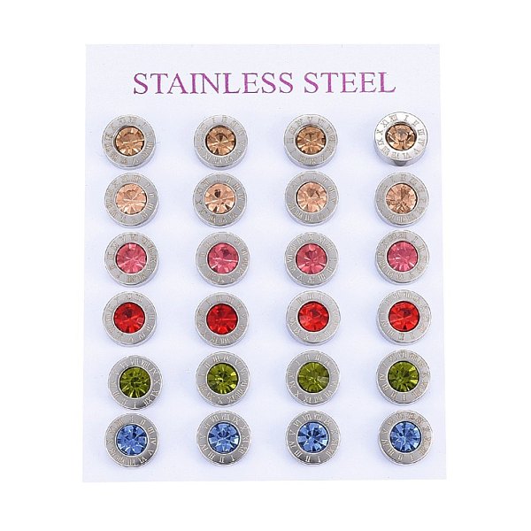 

PandaHall 304 Stainless Steel Stud Earrings, with Rhinestone, Flat Round with Roman Numerals, Mixed Color, 9x3.5mm, Pin: 0.8mm, 12pairs/card..., Multicolor