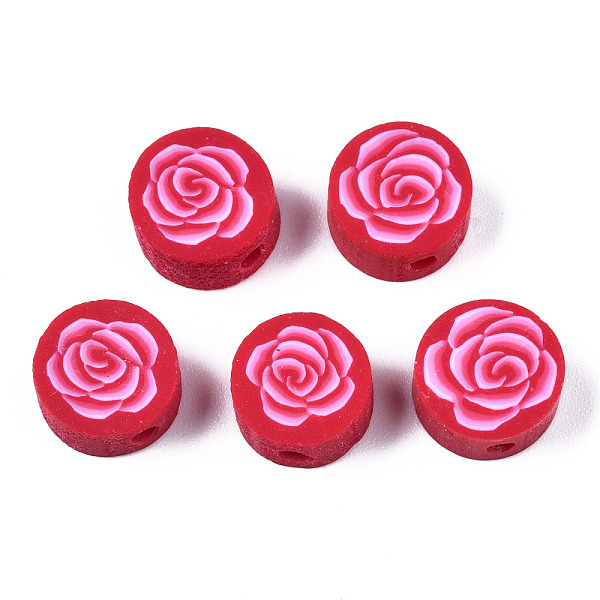 PandaHall Handmade Polymer Clay Beads, for DIY Jewelry Crafts Supplies, Flat Round with Flower, Crimson, 9.5x3.5~5mm, Hole: 1.8mm Polymer...