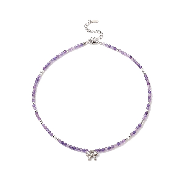 Halskette Mit Klarem Zirkonia-Bowknot-Anhänger Und Natürlichen Amethyst-Perlenketten Für Damen