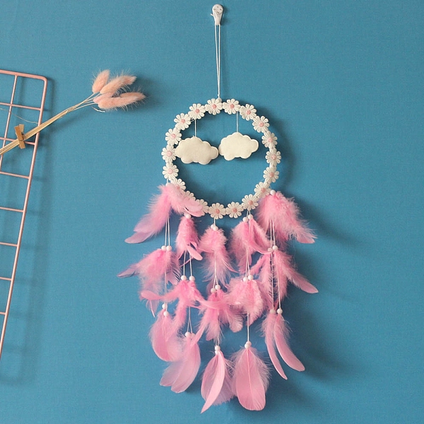 

PandaHall Woven Net/Web with Feather Hanging Ornaments, Cloud Flower for Home Wall Hanging Decor, Hot Pink, 570mm Feather Cloud
