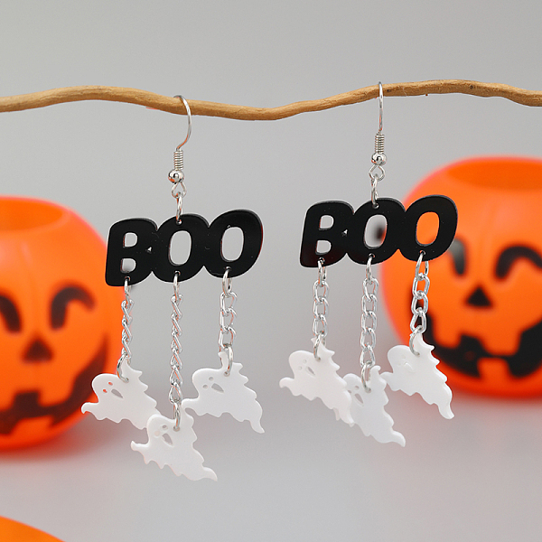 Funny Asymmetrical Letter Cloud Halloween Ghost Acrylic Dangle Earrings