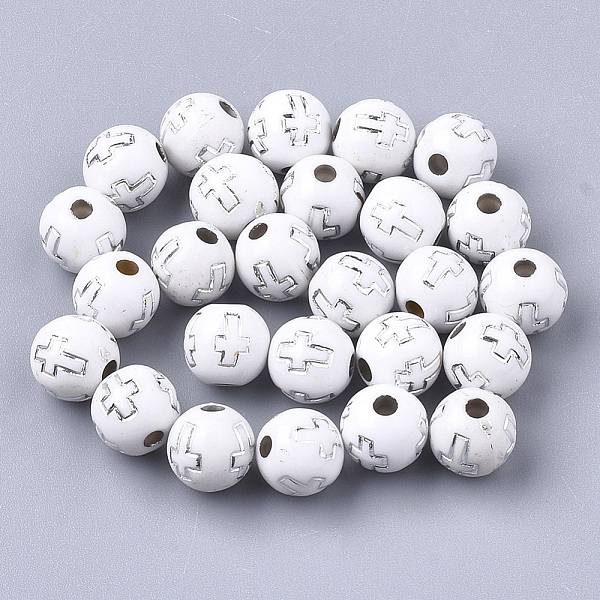 

PandaHall Plating Acrylic Beads, Silver Metal Enlaced, Round with Cross, White, 8mm, Hole: 2mm Acrylic Round White