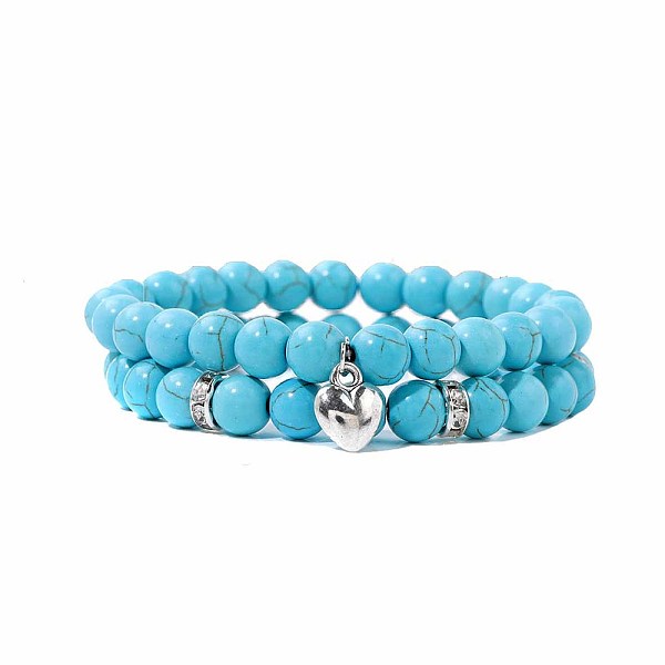 

PandaHall 2Pcs 2 Style Synthetic Turquoise Stretch Bracelets Set, Stackable Bracelets with Heart Charms, Round Synthetic Turquoise Round