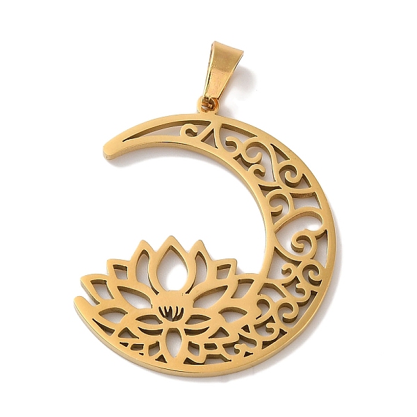 

PandaHall 304 Stainless Steel Pendants, Laser Cut, Hollow Moon with Lotus Charm, Real 18K Gold Plated, 29x25x1mm, Hole: 6x3mm 304 Stainless...