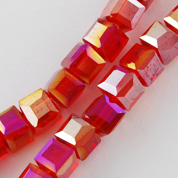 PandaHall Electroplate Glass Beads Strands, AB Color Plated, Faceted, Cube, Red, 6x6x6mm, Hole: 1mm, about 100pcs/strand, 22 inch Glass Cube...